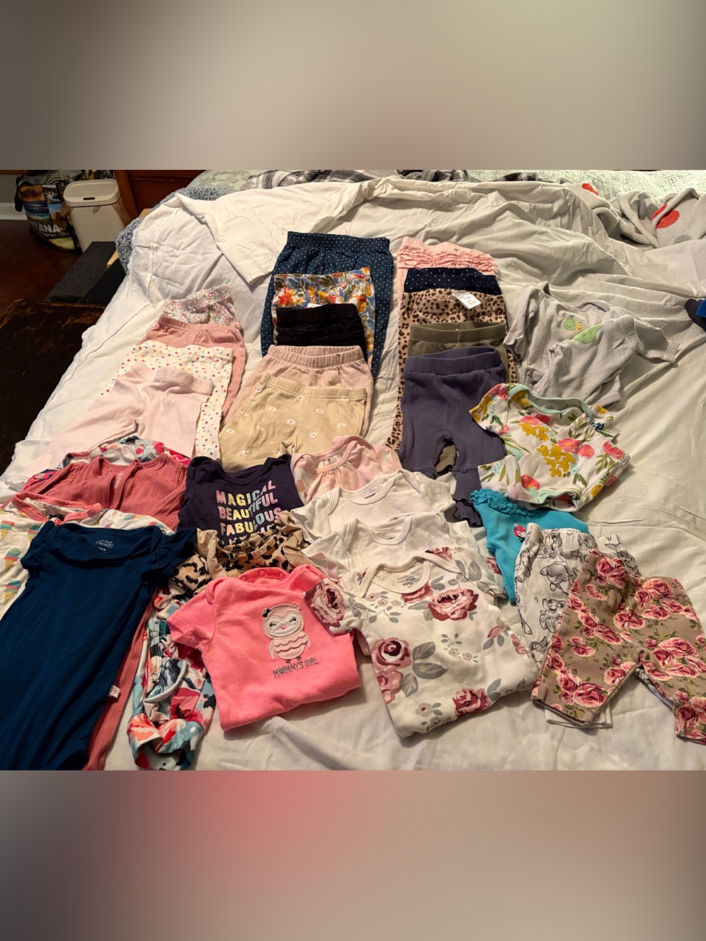 Various brands onesies. Pants. Outfits. , Purple, Blue, White and Floral